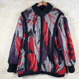 Allison Smith Vintage Abstract Knit Cardigan L Sweater‎ Zip Up Jacket Multicolor